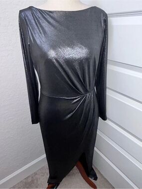 Julia Jordan Liquid Metallic Long Sleeve Draped Side Knot Maxi Dress